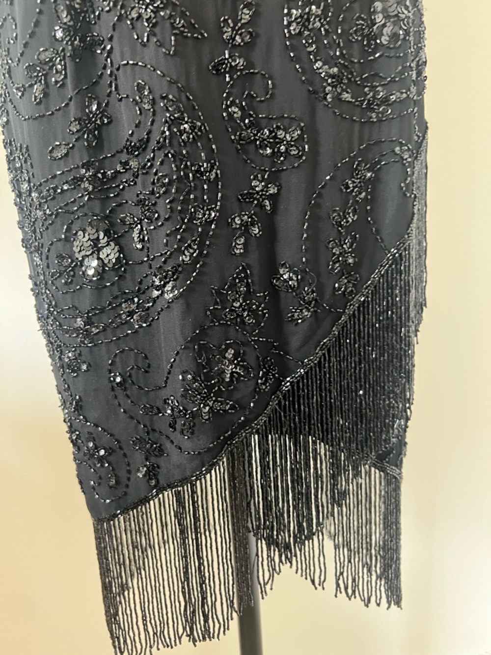 Vintage 70s Silk Oleg Cassini Black Beaded Fringe Sequin Dress Size 10  Flapper - Picture 4 of 9